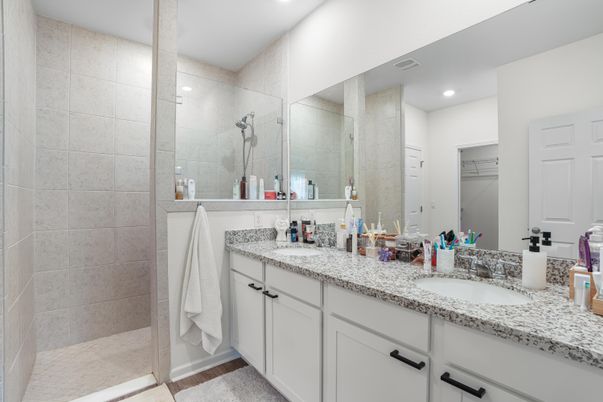 Bathroom, Dual Sink Vanities, Glass Shower, Interior, Recessed Lighting