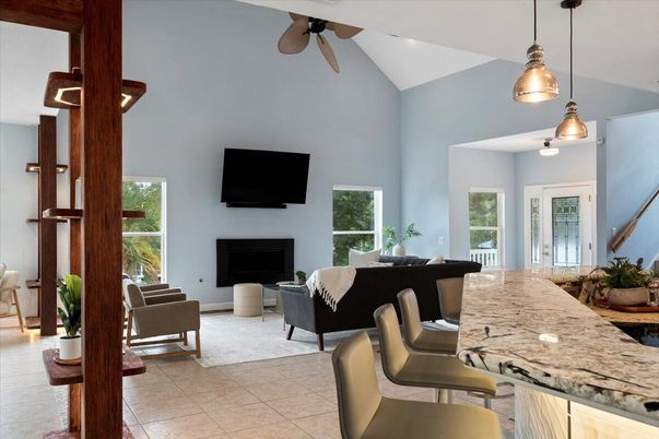 Dining room, Fireplace, Interior, Living room, Pendant Lights