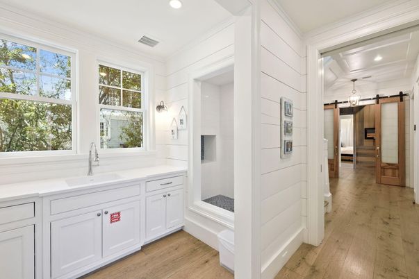 Bathroom, Interior, Recessed Lighting, Wood Texture Flooring