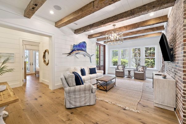 Interior, Living room, Pendant Lights, Recessed Lighting, Stone Walls, Wooden Beams, Wood Texture Flooring