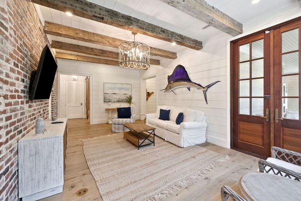 Chandelier, Interior, Living room, Recessed Lighting, Stone Walls, Wooden Beams, Wood Texture Flooring