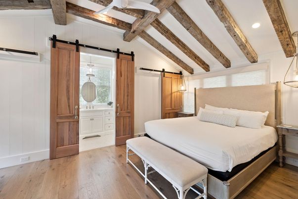 Bedroom, Interior, Pendant Lights, Recessed Lighting, Wooden Beams, Wood Texture Flooring