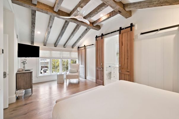 Bedroom, Interior, Recessed Lighting, Wooden Beams, Wood Texture Flooring