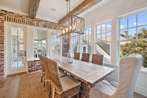 Dining room, Interior, Pendant Lights, Stone Walls, Wooden Beams, Wood Texture Flooring