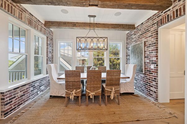 Dining room, Interior, Pendant Lights, Stone Walls, Wooden Beams, Wood Texture Flooring