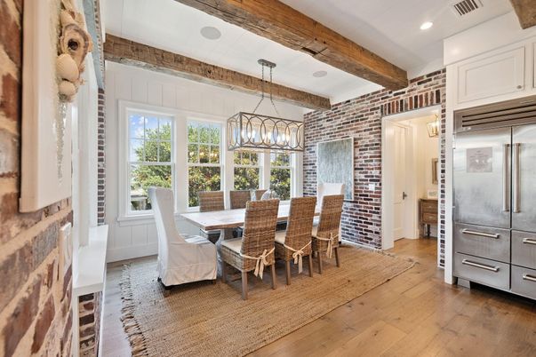 Chandelier, Dining room, Interior, Pendant Lights, Recessed Lighting, Stone Walls, Wooden Beams, Wood Texture Flooring