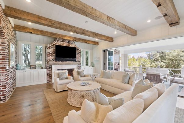 Fireplace, Interior, Living room, Recessed Lighting, Stone Walls, Wooden Beams, Wood Texture Flooring