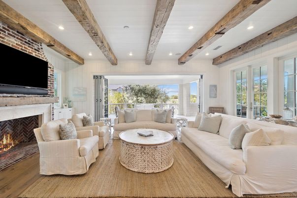 Fireplace, Interior, Living room, Recessed Lighting, Stone Walls, Wooden Beams, Wood Texture Flooring