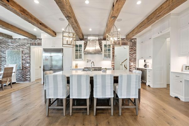 Interior, Kitchen, Pendant Lights, Recessed Lighting, Stainless Steel Appliances, Stone Walls, Wooden Beams, Wood Texture Flooring