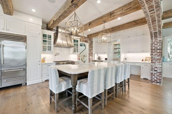 Interior, Kitchen, Pendant Lights, Recessed Lighting, Stainless Steel Appliances, Stone Walls, Wooden Beams, Wood Texture Flooring