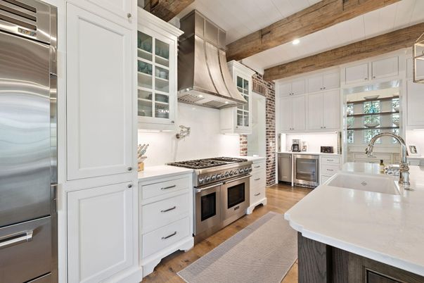 Interior, Kitchen, Recessed Lighting, Stainless Steel Appliances, Wooden Beams, Wood Texture Flooring