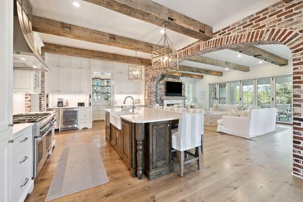 Interior, Kitchen, Living room, Pendant Lights, Recessed Lighting, Stainless Steel Appliances, Wooden Beams, Wood Texture Flooring