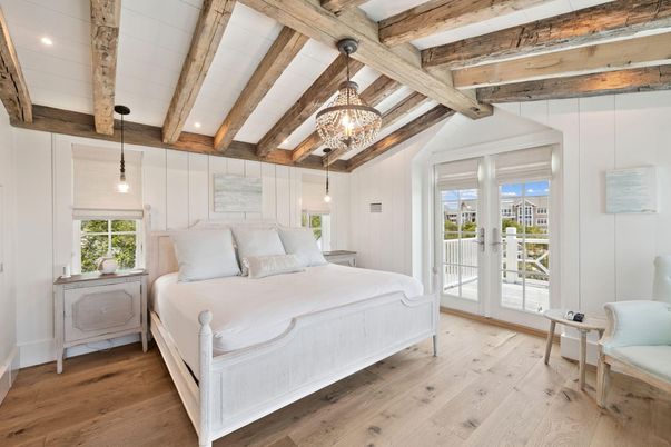 Bedroom, Chandelier, Interior, Pendant Lights, Recessed Lighting, Wooden Beams, Wood Texture Flooring