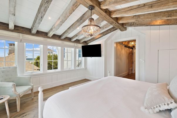 Bedroom, Chandelier, Interior, Pendant Lights, Recessed Lighting, Wooden Beams, Wood Texture Flooring