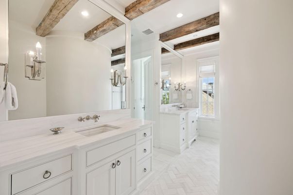 Bathroom, Dual Sink Vanities, Interior, Recessed Lighting, Wooden Beams