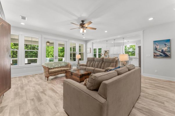 Interior, Living room, Pendant Lights, Recessed Lighting, Wood Texture Flooring