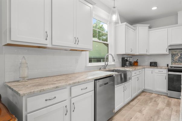 Interior, Kitchen, Pendant Lights, Recessed Lighting, Stainless Steel Appliances, Wood Texture Flooring