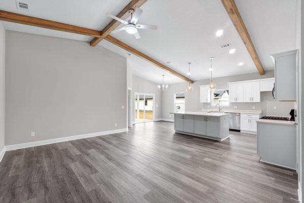 Empty room, Interior, Kitchen, Pendant Lights, Recessed Lighting, Wooden Beams, Wood Texture Flooring