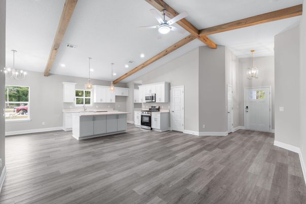 Empty room, Interior, Kitchen, Pendant Lights, Recessed Lighting, Stainless Steel Appliances, Wooden Beams, Wood Texture Flooring