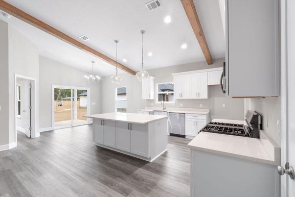 Interior, Kitchen, Pendant Lights, Recessed Lighting, Stainless Steel Appliances, Wooden Beams, Wood Texture Flooring