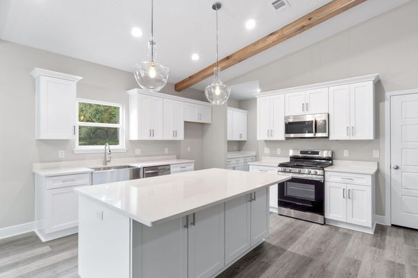 Interior, Kitchen, Pendant Lights, Recessed Lighting, Stainless Steel Appliances, Wooden Beams, Wood Texture Flooring