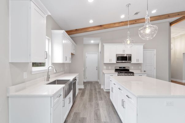 Interior, Kitchen, Pendant Lights, Recessed Lighting, Stainless Steel Appliances, Wooden Beams, Wood Texture Flooring