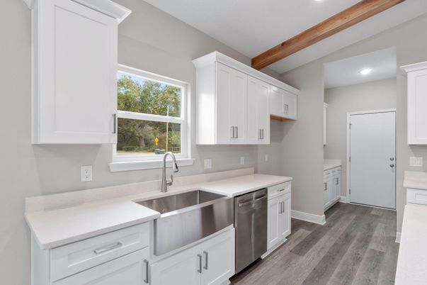 Interior, Kitchen, Recessed Lighting, Wooden Beams, Wood Texture Flooring