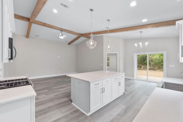 Empty room, Interior, Kitchen, Pendant Lights, Recessed Lighting, Wooden Beams, Wood Texture Flooring
