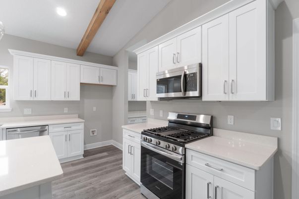 Interior, Kitchen, Recessed Lighting, Stainless Steel Appliances, Wooden Beams, Wood Texture Flooring