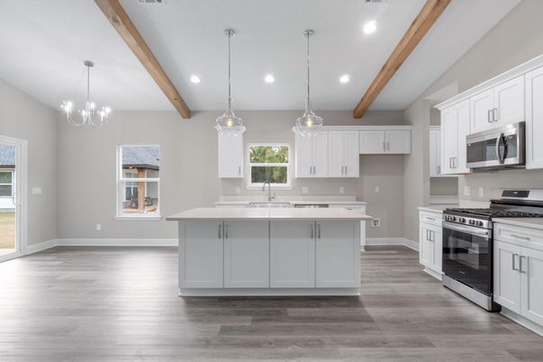 Interior, Kitchen, Pendant Lights, Recessed Lighting, Stainless Steel Appliances, Wooden Beams, Wood Texture Flooring