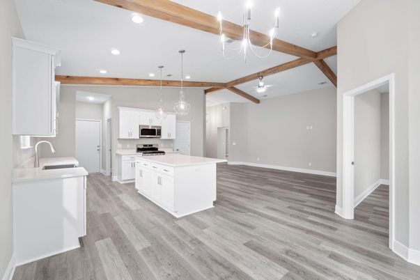 Interior, Kitchen, Pendant Lights, Recessed Lighting, Stainless Steel Appliances, Wooden Beams, Wood Texture Flooring