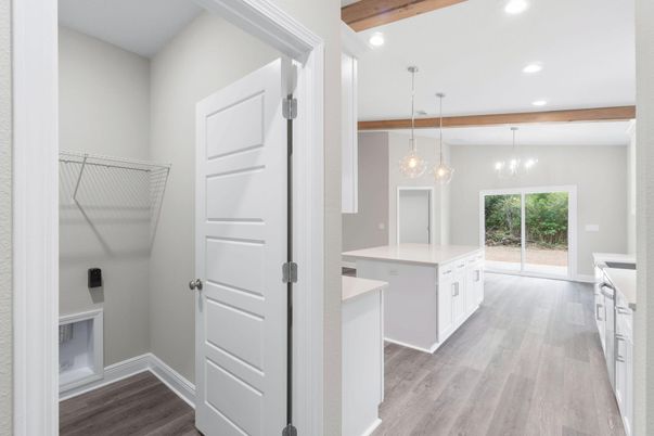 Interior, Kitchen, Pendant Lights, Recessed Lighting, Wooden Beams, Wood Texture Flooring