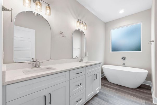 Bathroom, Dual Sink Vanities, Free Standing Baths, Interior, Recessed Lighting, Wood Texture Flooring