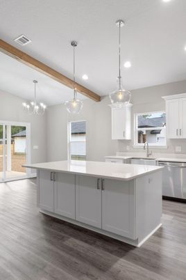 Chandelier, Interior, Kitchen, Pendant Lights, Recessed Lighting, Wooden Beams, Wood Texture Flooring