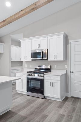 Interior, Kitchen, Recessed Lighting, Stainless Steel Appliances, Wooden Beams, Wood Texture Flooring