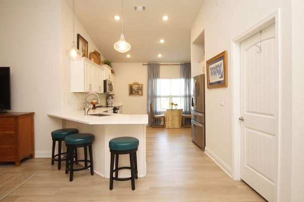 Interior, Kitchen, Pendant Lights, Recessed Lighting, Stainless Steel Appliances, Wood Texture Flooring