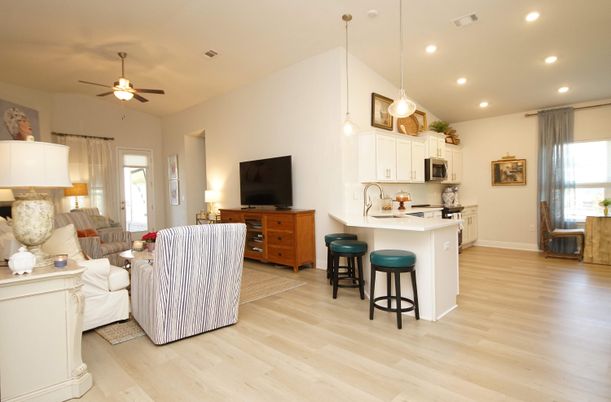 Interior, Kitchen, Living room, Pendant Lights, Recessed Lighting, Wood Texture Flooring