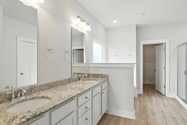 Bathroom, Dual Sink Vanities, Interior, Recessed Lighting, Wood Texture Flooring