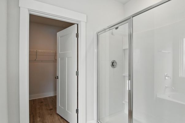 Bathroom, Glass Shower, Interior, Walk-in Closets, Wood Texture Flooring
