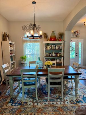 Dining room, Interior, Pendant Lights, Wood Texture Flooring