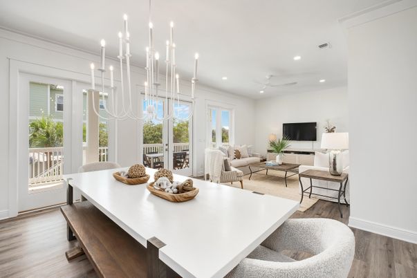 Dining room, Interior, Living room, Pendant Lights, Recessed Lighting, Wood Texture Flooring