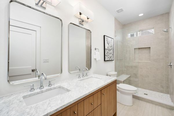 Bathroom, Dual Sink Vanities, Glass Shower, Interior, Recessed Lighting