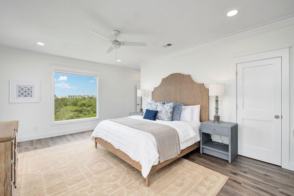 Bedroom, Interior, Recessed Lighting, Wood Texture Flooring