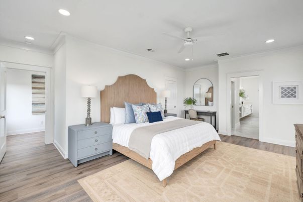 Bedroom, Interior, Recessed Lighting, Wood Texture Flooring
