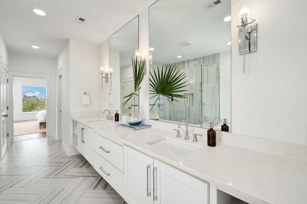 Bathroom, Dual Sink Vanities, Glass Shower, Interior, Marble, Recessed Lighting