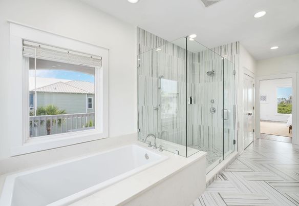 Bathroom, Glass Shower, Interior, Marble, Recessed Lighting