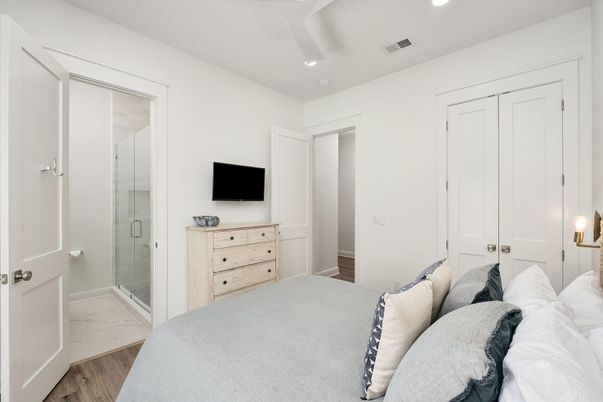 Bathroom, Bedroom, Glass Shower, Interior, Marble, Recessed Lighting, Wood Texture Flooring