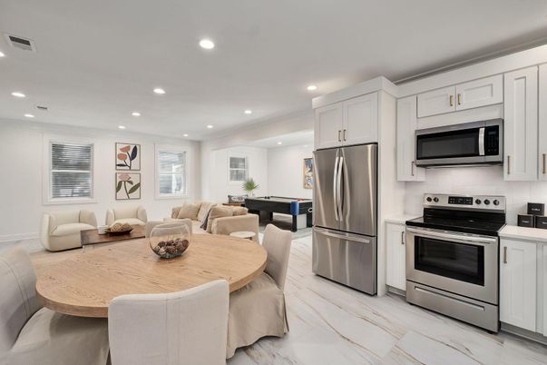 Dining room, Interior, Kitchen, Living room, Marble, Recessed Lighting, Stainless Steel Appliances
