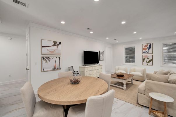 Dining room, Interior, Living room, Marble, Recessed Lighting, Wood Texture Flooring