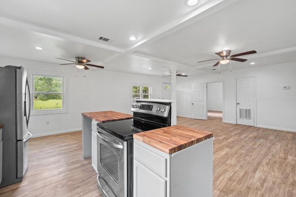 Interior, Kitchen, Recessed Lighting, Wood Texture Flooring